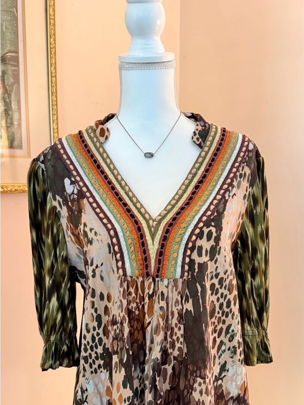 V-Neck Mixed-Print Boho Blouse in Olive and Brown